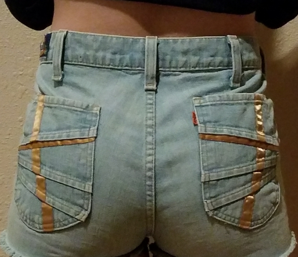 Levis, fresh produce label, orange tab, Vintage Levi's jean cut offs